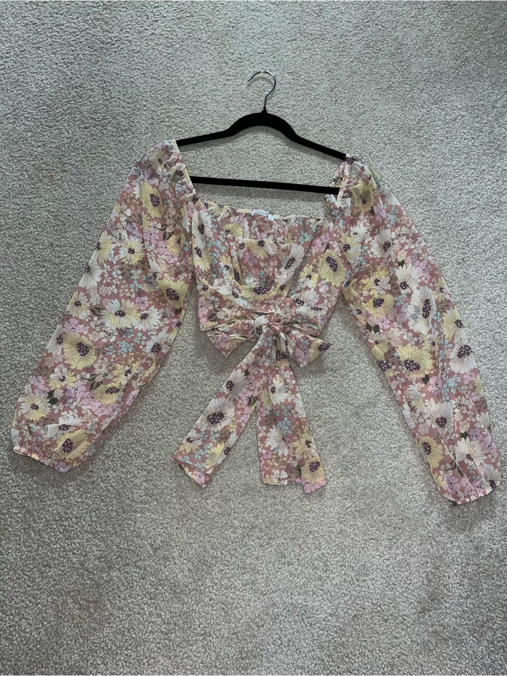 Timing Pastel Floral Tie Boho Puff Sleeve Crop Top